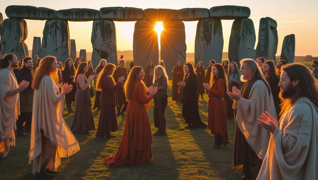 Modern Pagans gathering at sunrise among the stones of Stonehenge during a solstice celebration